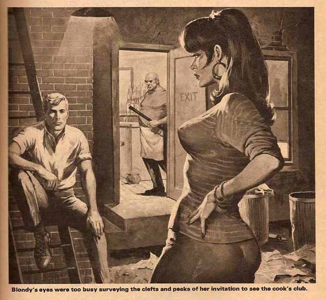 Blondy's eyes were too busy surveying the clefts and peaks of her invitation to see the cook's club