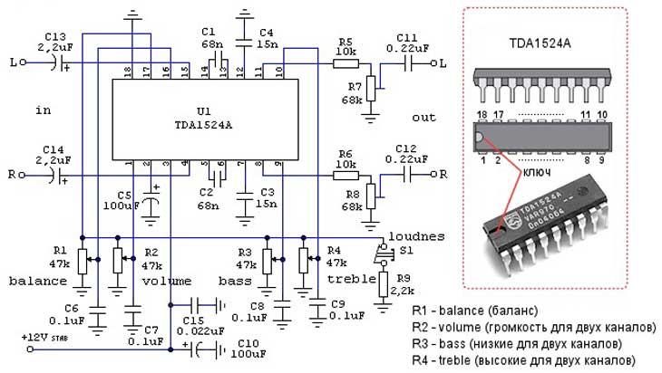 Регулятор громкости, баланса и тембра на TDA1524A Регулятор громкости, баланса и тембра на TDA1524A