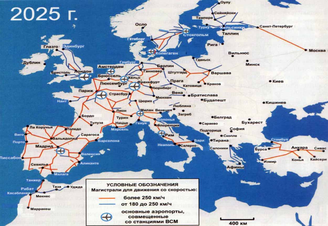 Перспектива развития железнодорожных скоростнымх магистралей к 2025 г.