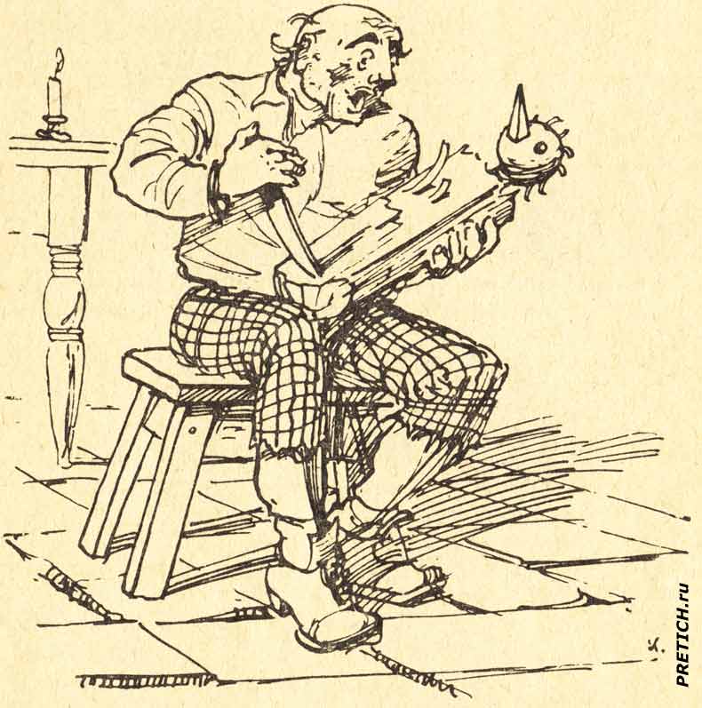 Папа Карло делает Буратино, картинка из книги Папа Карло делает Буратино, картинка из книги